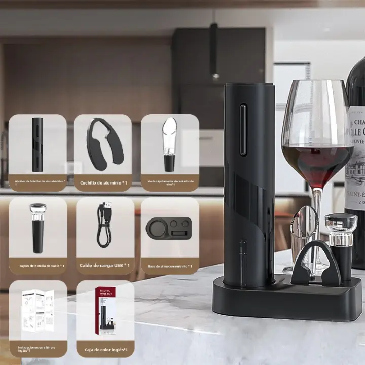 Sacacorchos Eléctrico USB 6 en 1 Abridor de Botellas de Vino, Abrebotellas Inalámbrico - Kit Profesional con Decantador, Vacío Hermético, Cortahojas y Base de Carga, Ideal para Regalos y Catas de Vino - 1