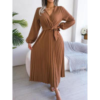 Vestido largo plisado con dobladillo grande para mujer, vestido cruzado de Color liso con cuello en V, moda de primavera y verano - details 0