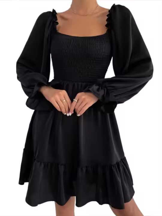 Vestido elegante de mujer de manga larga, color liso, con bordes con volantes, diseñador lujoso y de alta calidad. - 1