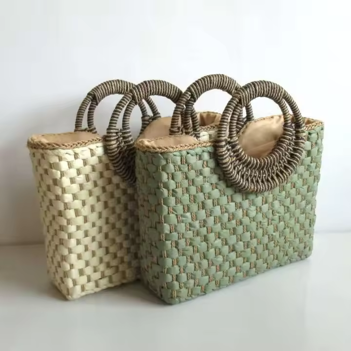 Sac De Plage Nuevas ideas de productos Verano Elegante Moda Gran capacidad Color Match Mango redondo Cartera de mujer Bolso de mano Paja B - 1