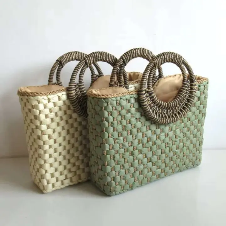 Sac De Plage Nuevas ideas de productos Verano Elegante Moda Gran capacidad Color Match Mango redondo Cartera de mujer Bolso de mano Paja B - 1