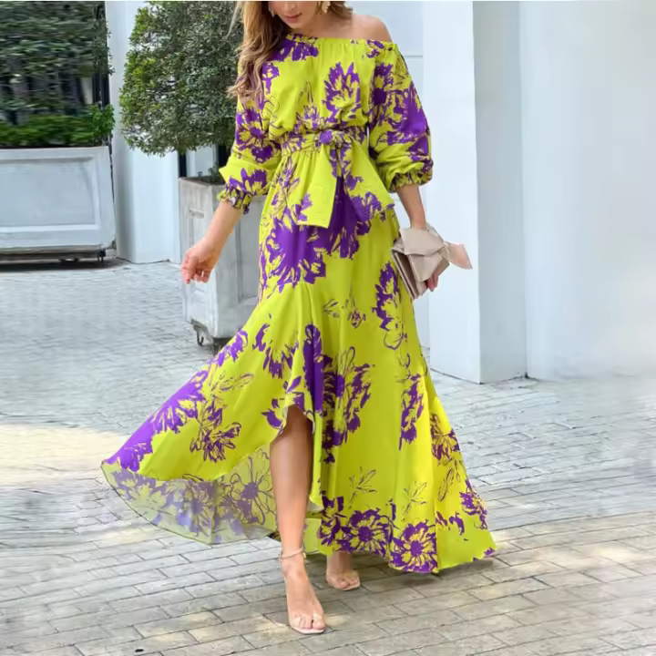 2025 Vestido elegante de cintura alta con hombros inclinados y mangas farol estampadas Ins para mujer - 1