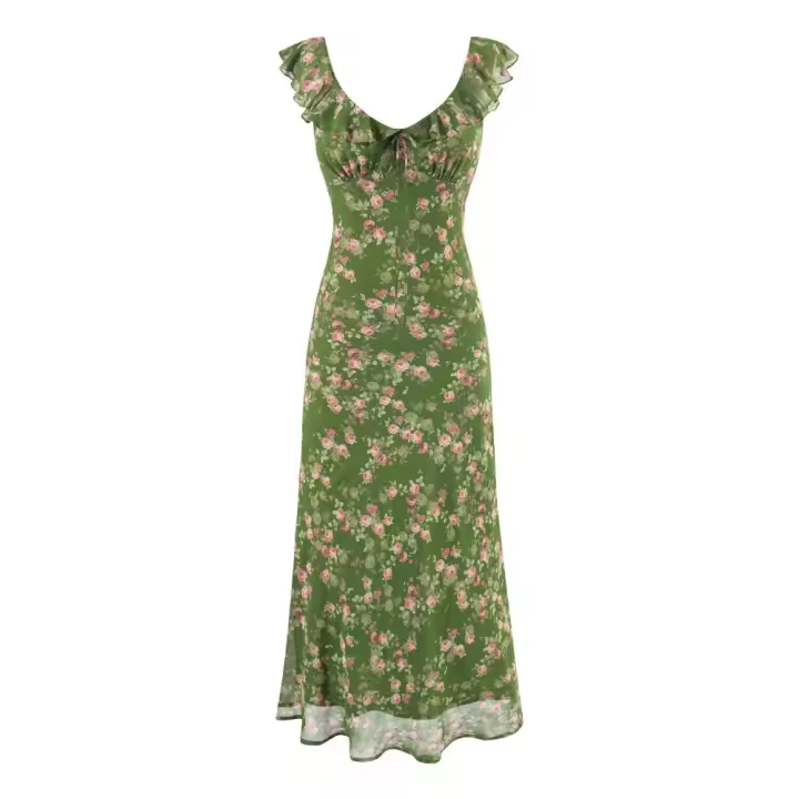 Estilo europeo y americano verano volantes hoja borde cuello en v chaleco vestido cintura correas finas floral vestido largo estilo de vacaciones - 1