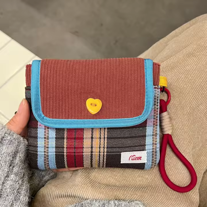 Mini neceser de gran capacidad, bolsa de maquillaje de pana, almacenamiento de servilletas sanitarias, bolsa de artículos pequeños de estilo coreano, monedero con patrón de rejilla - 1