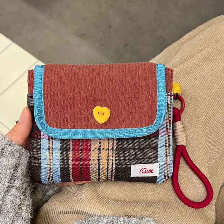 Mini neceser de gran capacidad, bolsa de maquillaje de pana, almacenamiento de servilletas sanitarias, bolsa de artículos pequeños de estilo coreano, monedero con patrón de rejilla - 1