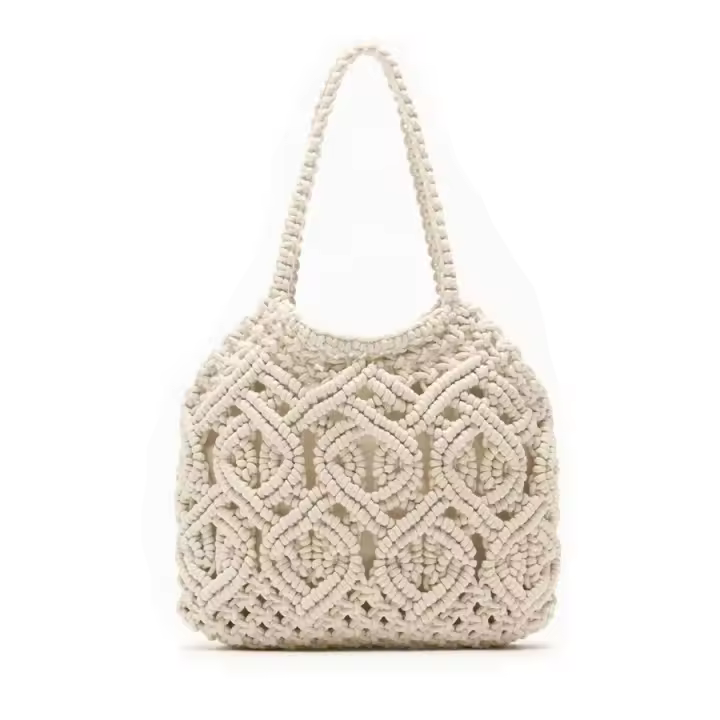 Bolso de Hombro de Playa de Algodón Tejido a Mano Bolso de Mano Blanco de Gran Capacidad para Chicas de Verano - 1
