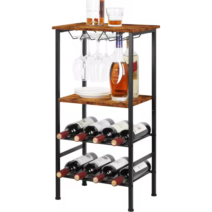 Estante de Vino Independiente para Bar de Vino con Soporte de Vidrio y Mesa, 8 Botellas, mesas de Vino de Madera con estantes, Organizador de Botellas de Vino de 4 Niveles - 1