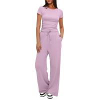 Conjuntos de 2 piezas para mujer, Tops fruncidos de manga corta y pantalones de pierna ancha, chándal a juego, trajes de mujer - details 0