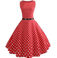 Dot print women hepburn 50s 60s swing vintage a-line party dresses with belt - details 1
