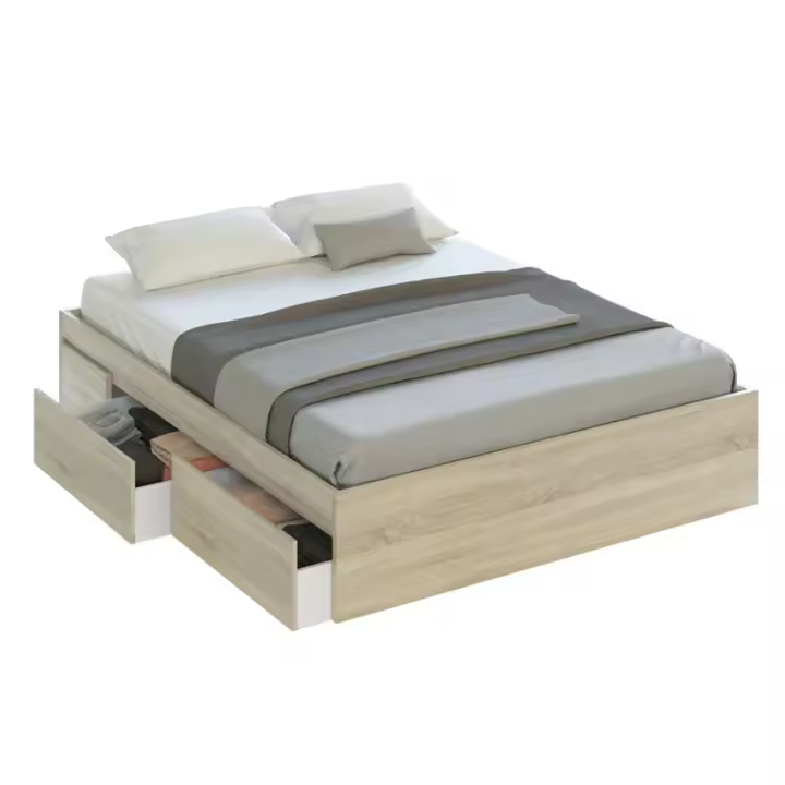 Pack de Dormitorio con Armario en Color Roble Canadiense y óxido en Estilo Industrial (Cama + cabecero con mesitas + Cómoda) - 1