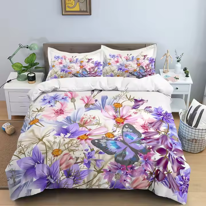 Funda de edredón Juego de cama de mariposa Funda de edredón de flores 3D Funda de edredón con cremallera Juego de edredón doble de poliéster Queen Regalo de Navidad para niña y niño - 1