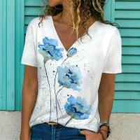 Camiseta de Manga Corta con Cuello en V Moda Blanca para Mujeres Estampado 3D de Lavanda - details 1