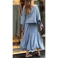 Conjunto informal de 2 piezas para mujer, ribete elegante con cuello redondo, top suelto, conjuntos de falda de encaje irregular, otoño - details 3