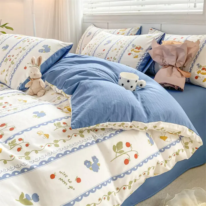 Juego de Ropa de Cama de Algodón Lino de Four Piezas Estilo Fresco Dos Capas de Gauze Sábana Floral - 1