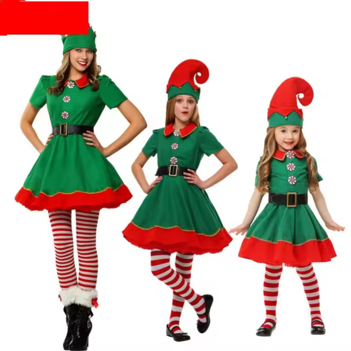 Vestido de Cosplay de Navidad, calcetines, sombrero, accesorios de fiesta, ropa de fiesta, disfraz de elfo verde - 1