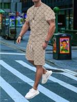 Traje de moda de verano para hombre, conjunto de pantalones cortos de playa informales, camiseta de manga corta a rayas con estampado 3D, trajes de 2 piezas con cuello redondo, ropa para hombre - details 0