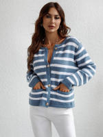 Cárdigan de punto a rayas para mujer, chaqueta Vintage con bolsillos, color rosa, otoño e invierno, 2023 - details 11