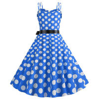 Vestido midi retro de fiesta con estampado de lunares, tirantes finos y cinturón para mujer - details 49
