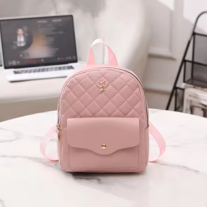 Bolso escolar pequeño para mujer, Mochila pequeña informal con rombos, bolso de hombro portátil, mochila decorativa rosa - 1