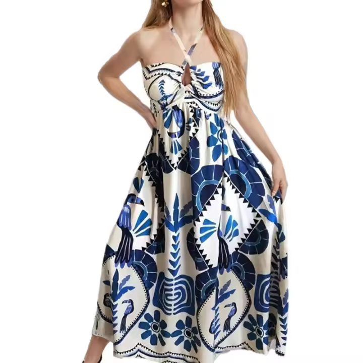 2025 vestido de vacaciones colgante con cuello nuevo estampado de otoño para mujer - 1