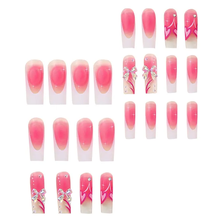 Francés rosa con decoración de perlas, uñas postizas ultraflexibles y duraderas para uso en espectáculos escénicos - 1