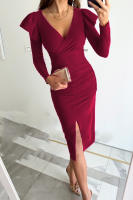 Vestido de manga larga de Color sólido con abertura y cintura cerrada con temperamento y cuello en V de verano 2025 para mujer - details 6