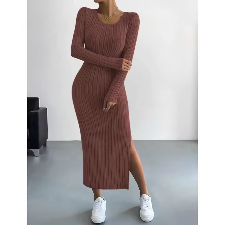Mia Muse Otoño/Invierno ropa de mujer de tela a rayas, abertura básica elástica con cuello en U, falda larga informal Maxi - 1