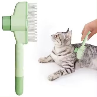 Cepillo para gatos con botón de liberación, peine para pulgas para gatos de interior, peine para perros, herramienta de depilación para mascotas, autolimpieza con dientes de metal de acero inoxidable largos y cortos para mudar - 1