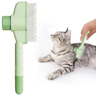 Cepillo para gatos con botón de liberación, peine para pulgas para gatos de interior, peine para perros, herramienta de depilación para mascotas, autolimpieza con dientes de metal de acero inoxidable largos y cortos para mudar - 1