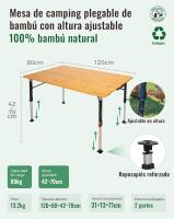 Mesa de Camping Plegable de bambú de 100 x 72 cm para 4 a 6 Personas, Marco Estable de Aluminio, 3 Alturas Ajustables con Bolsa de Transporte para jardín, Picnic, Camping - details 18
