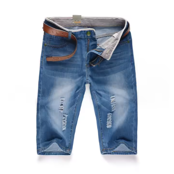 Pantalones cortos de mezclilla perforados lavables personalizados para hombre, pantalones vaqueros rectos azules casuales, recién llegados, Verano - 1