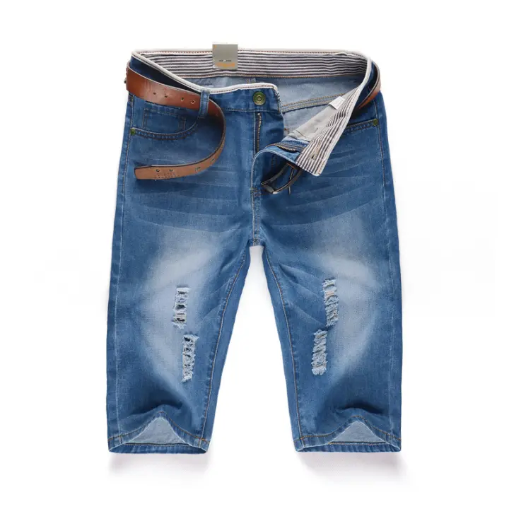 Pantalones cortos de mezclilla perforados lavables personalizados para hombre, pantalones vaqueros rectos azules casuales, recién llegados, Verano - 1
