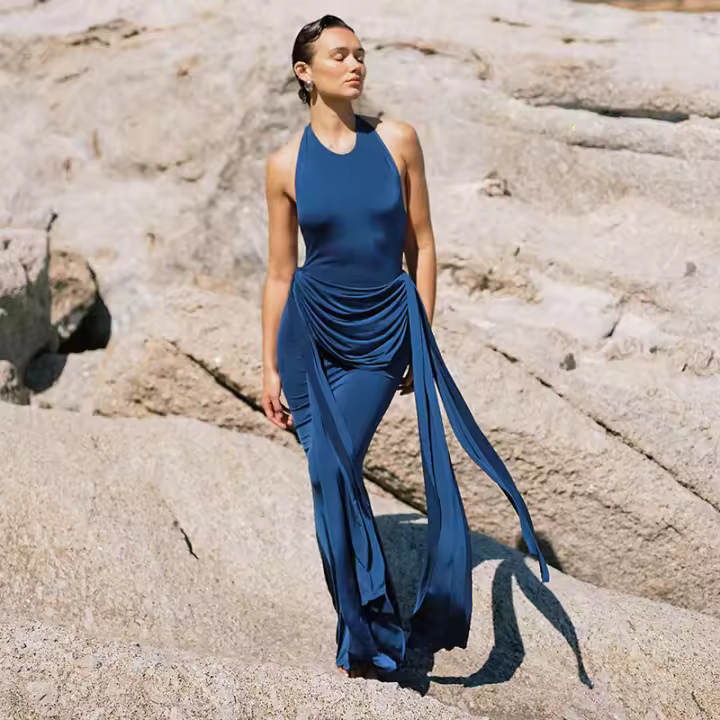 Vestido de sirena con cinturón drapeado y cintura entallada, estilo halter, nuevo de verano para mujer G25DS119 - 1