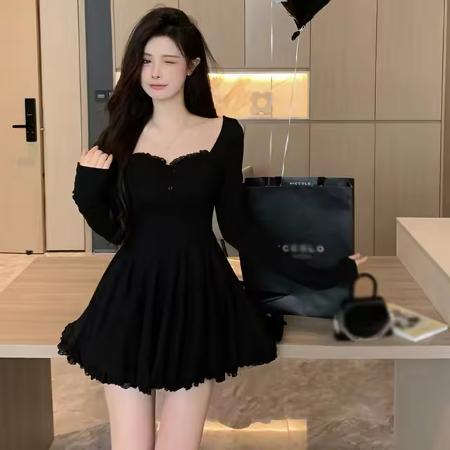 Vestido corto de manga larga con cuello cuadrado para mujer, vestidos ajustados expuestos, estilo francés, coreano, otoño - 1