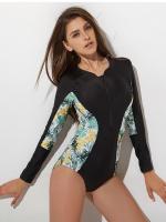 Traje de baño de una pieza con estampado de hojas florales en la cintura, traje de buceo con cremallera de manga larga - details 1
