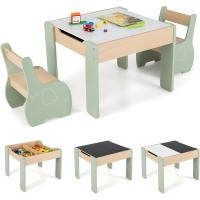 Juego de mesa y silla infantil 4 en 1, mesa infantil de madera con 2 sillas, manualidades, dibujo, lectura, mesa infantil con almacenamiento, pizarra desmontable para guardería (verde) - details 0