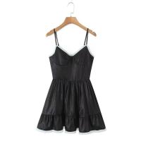Estilo retro francés verano Spice Girl vacaciones princesa viento malla empalme jacquard liguero vestido cintura delgada falda negra. - details 4
