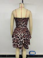 Vestido informal con gradas para mujer, falda de tubo halter sin mangas con estampado de leopardo, estilo festivo, color café - details 9