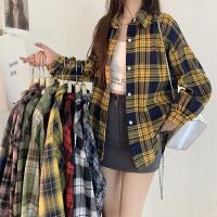 Camisa de franela negra para mujer, camisa a cuadros de tartán abotonada con cuello de manga larga, chaqueta informal para adolescentes y niñas, traje diario - details 0