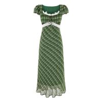 Vestido largo verde de verano estilo Spice Girl, con encaje a cuadros retro francés, estilo vacacional, temperamento, cintura delgada. - details 1