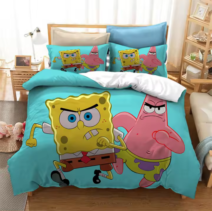 Conjunto de Ropa de Cama de Dibujos Animados 3D de Spongebob Funda de Edredón, Funda de Almohada, Tamaño para Cama Doble, Rey, Super Rey - 1