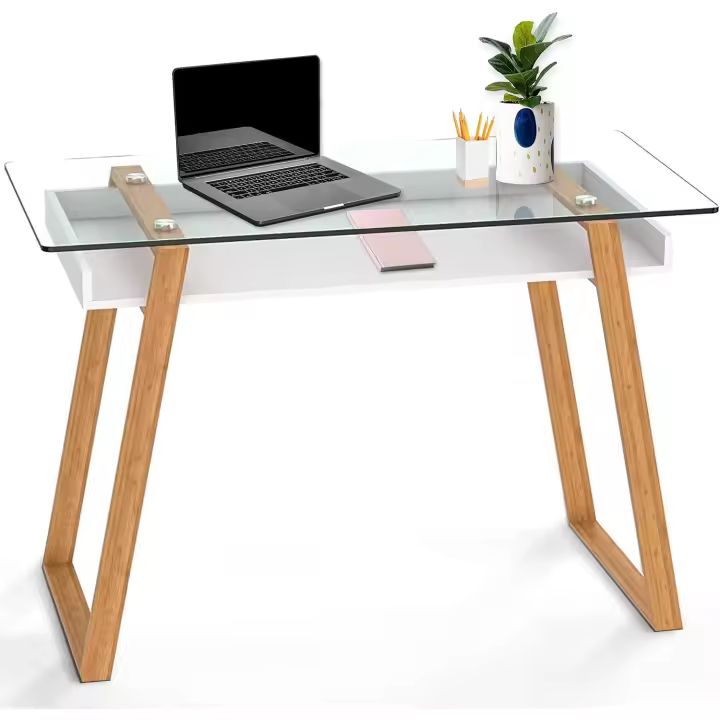 Mesita de Centro Rectangular, de Vidrio y Madera con Bandeja para Revistas, Mesa de Centro Baja - 1