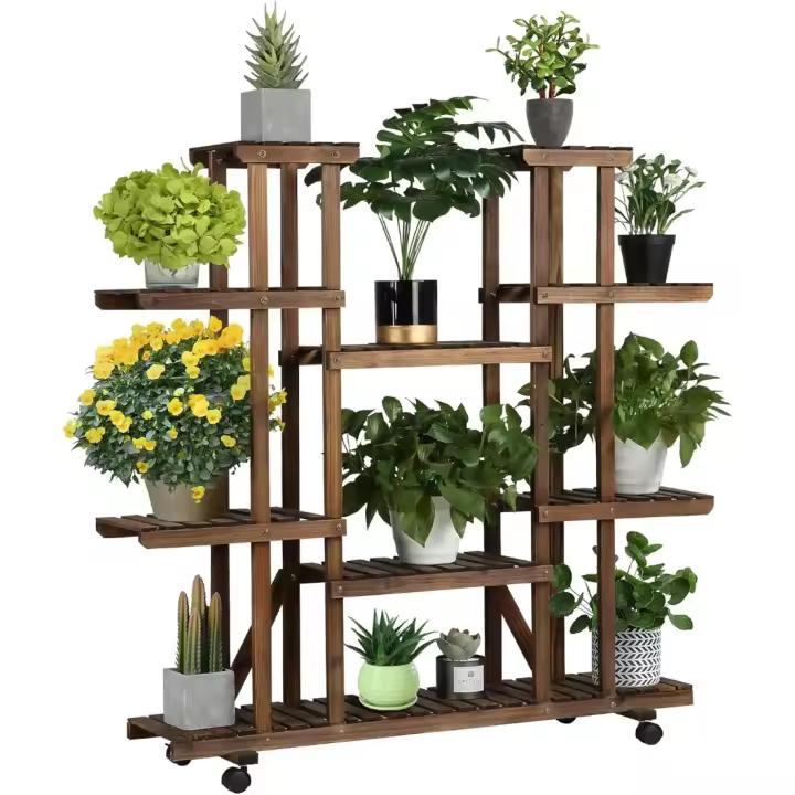 124,5 x 33 x 120 cm Estante Macetas de Madera para Plantas con Ruedas 9 Estantes Interior al Aire Libre Balcón Jardín - 1