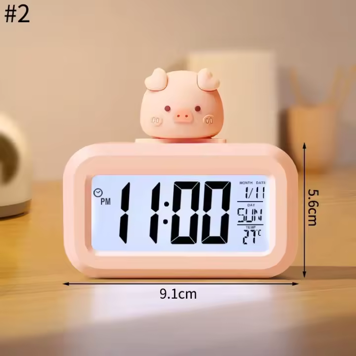 Nuevo reloj Digital LED, bonito reloj despertador Kawaii con decoración romana de cerdo de dibujos animados con luz nocturna, bonito reloj para habitación, adornos para mesita de noche - 1