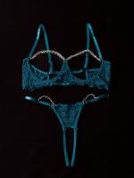 Conjunto de lencería de encaje floral erótico, sujetador abierto transparente y tanga con cadena, lencería sexy y ropa interior - details 7