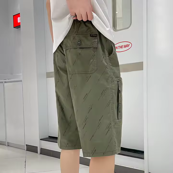 Pantalones de trabajo sueltos estampados con bolsillo con cremallera informal de algodón puro de color sólido grande para hombre - 1