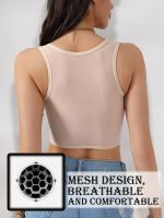 Sujetador deportivo de alto soporte para mujer, tejido de punto de poliéster de color liso, detalle de malla de contraste, sin relleno, ideal para yoga y gimnasio, estilo lencería de verano - details 7