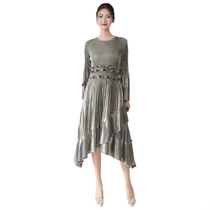 Vestido de otoño e invierno de alta calidad, con mangas acampanadas, falda de longitud media irregular, ajustada, con volantes, - 1