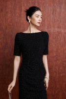 BGTEEVER-vestido ajustado a cuadros para mujer, prenda elegante de manga corta, ceñido a la cadera, con cuello oblicuo, para primavera y verano - details 4