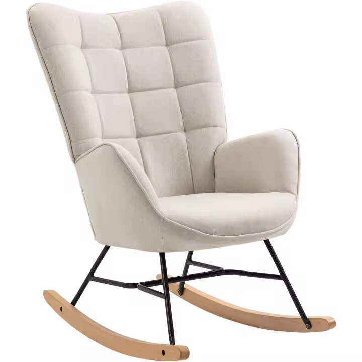 MEUBLE COSY Sillas Mecedora Escandinavo Sillón Relax Especial Lactancia para Salón Dormitorio Balcón Sala de Estudio, Tela, Madera Haya, Metal, Beige - 1